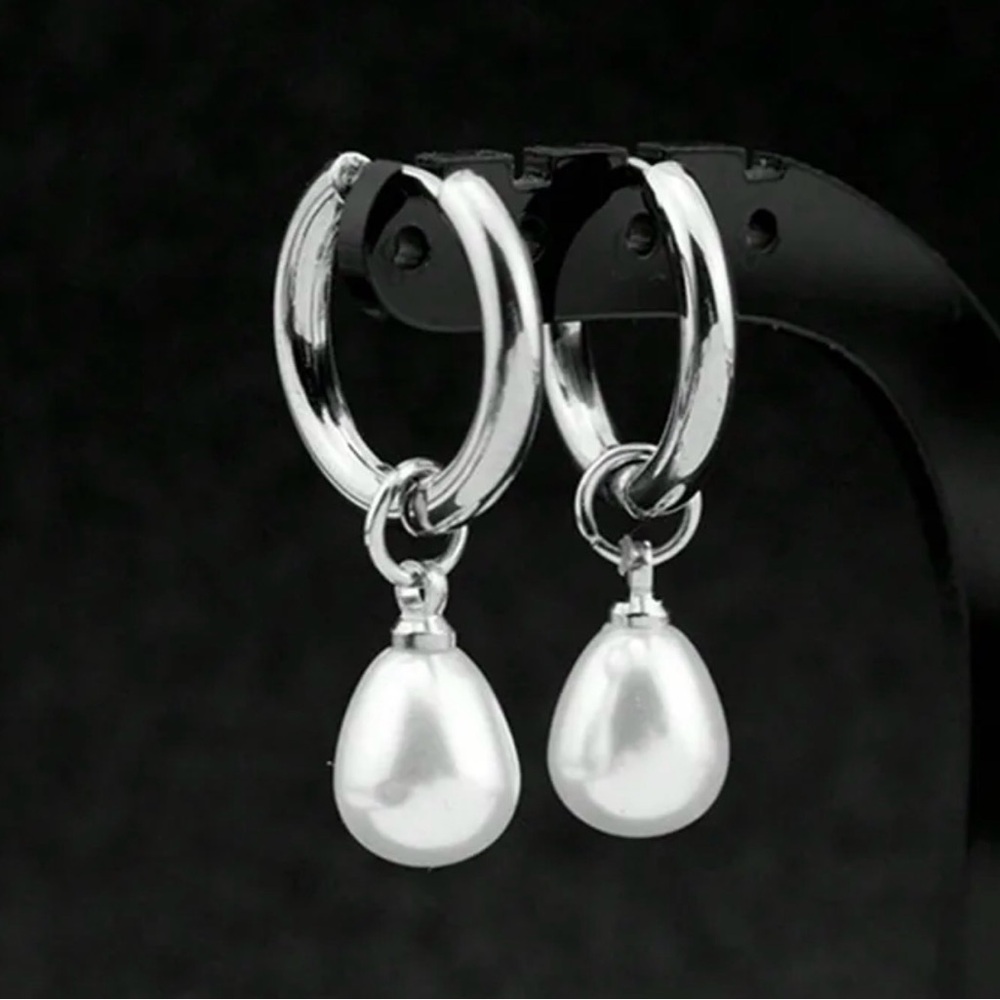 Stainless Steel Pearl Drop Huggie Earrings | Silver Tone Minimal Hoops - Picture 2 of 2